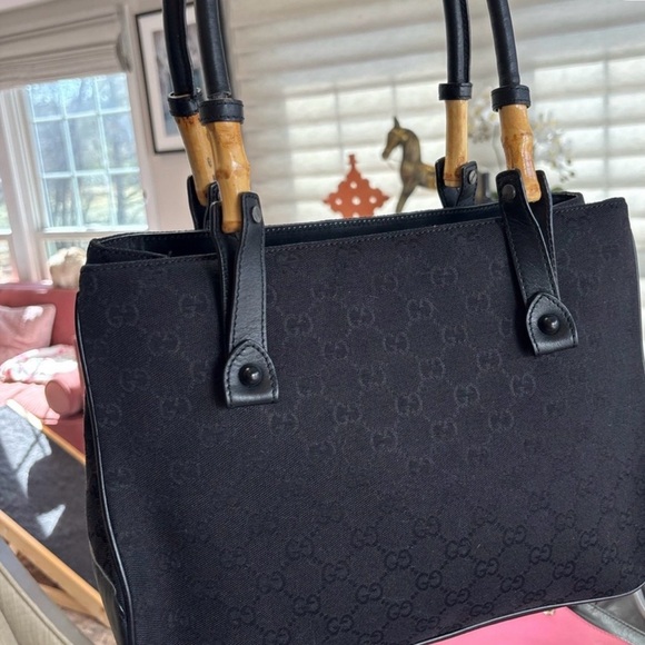 Gucci Handbags - Gucci Black Canvas Tote with Bamboo Top Handles